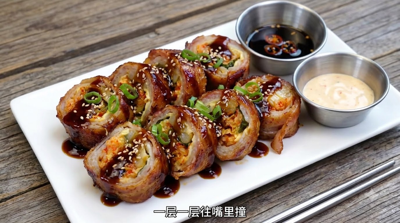 Rouleaux de Poitrine de Porc au Kimchi, Fromage et Bacon sur Plaque Chauffante