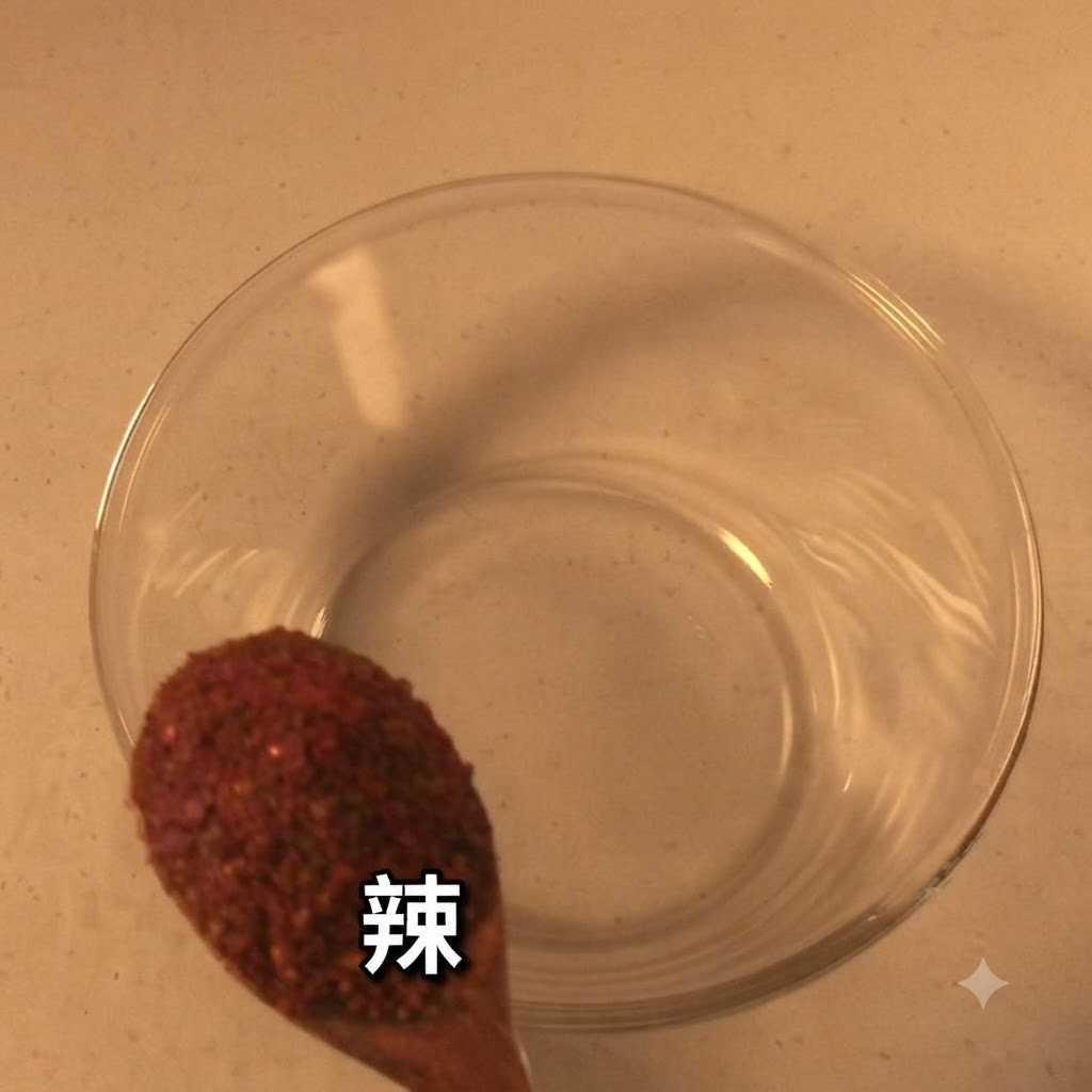 Une cuillère de piment rouge en poudre grossier tenue au-dessus dun bol mélangeur en verre vide.