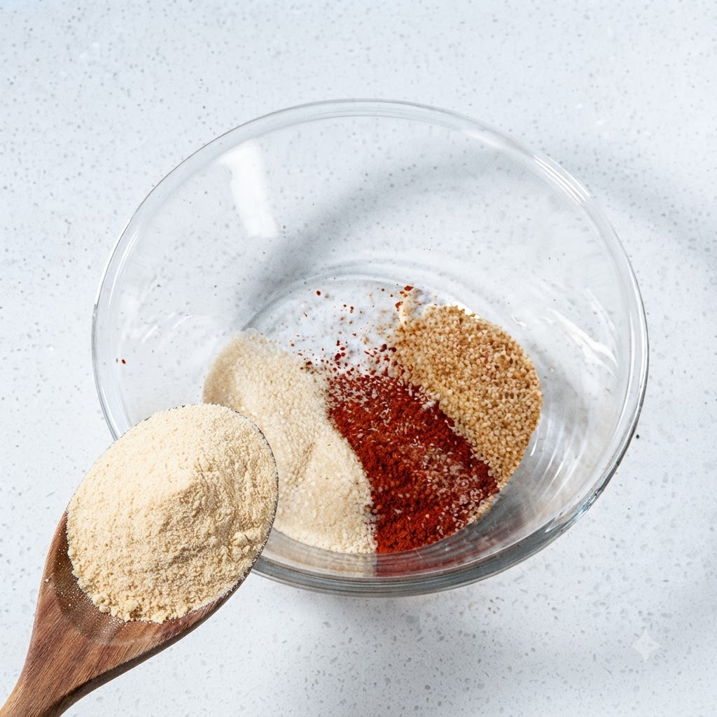 Une cuillère en bois remplie de bouillon de bœuf en poudre positionnée au-dessus dun bol en verre contenant diverses poudres dassaisonnement.