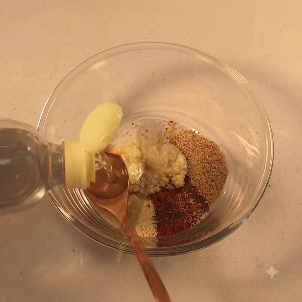 Une bouteille versant du liquide de cuisson dans une cuillère de mesure posée à lintérieur dun bol en verre avec des assaisonnements secs.