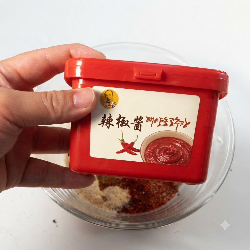 Une main tenant un pot rouge de pâte de piment coréenne au-dessus du bol dassaisonnement.