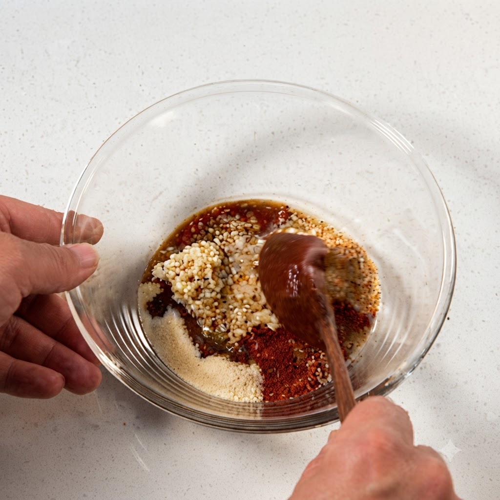 Une cuillère en bois mélangeant les différents ingrédients de la sauce à lintérieur dun bol en verre pour former une pâte rouge épaisse.