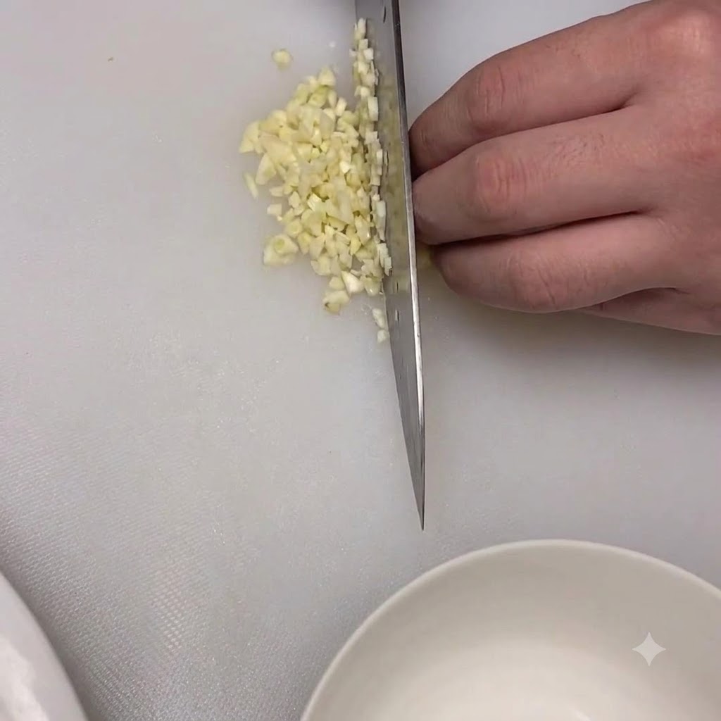 Ail émincé et sucre blanc combinés dans un petit bol blanc.