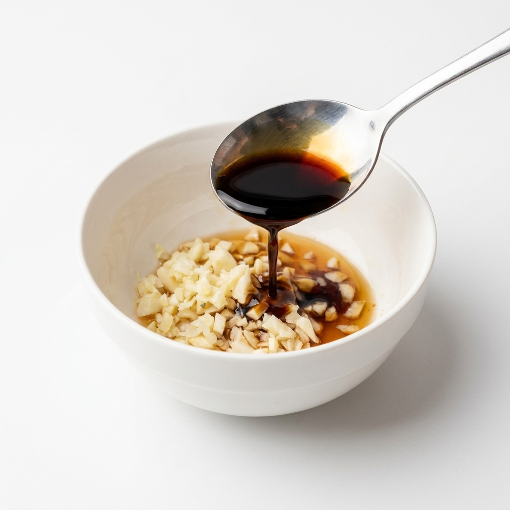 Sauce soja foncée versée à partir dune cuillère dans un bol contenant lail et le sucre.