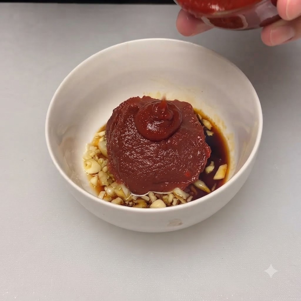 Une grande cuillerée de pâte de piment rouge épaisse reposant au centre du bol de mélange.