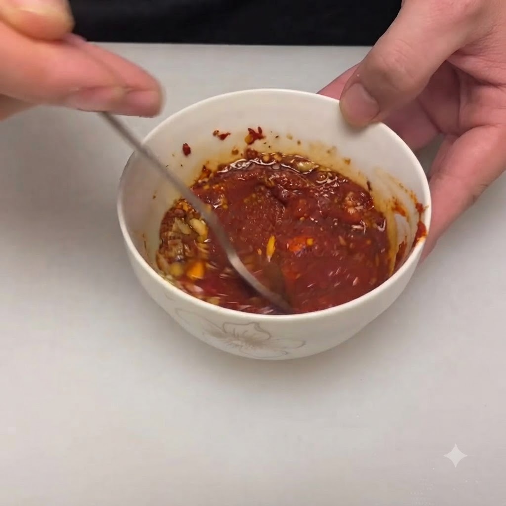 Une cuillère remuant la sauce au piment rouge riche et épaisse à lintérieur du bol.