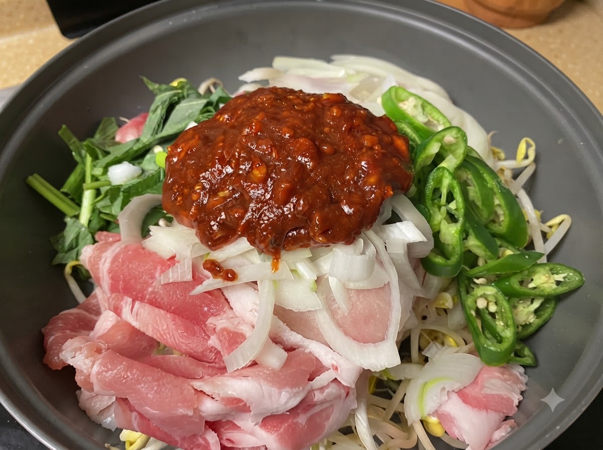 Sauce au piment rouge prélevée et versée sur le dessus des ingrédients crus superposés.