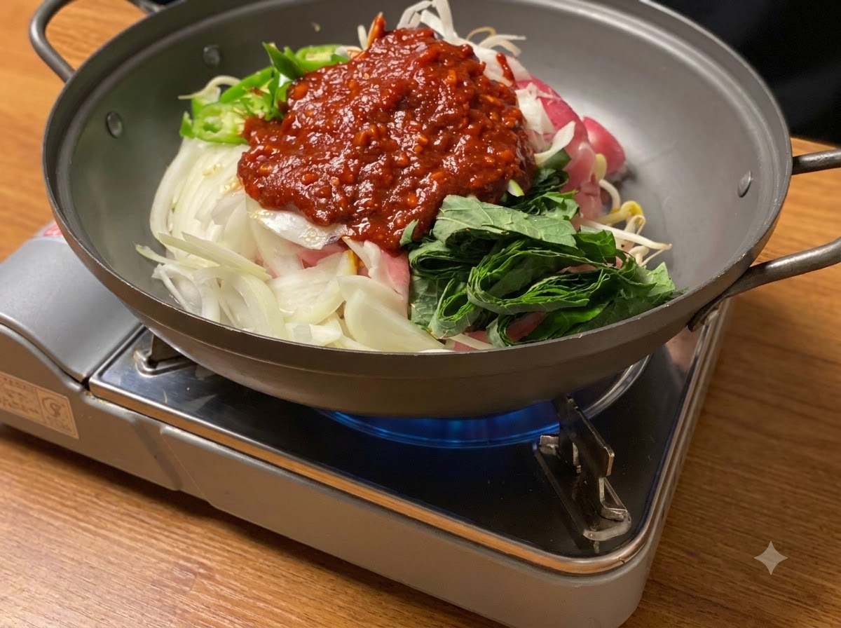 Ingrédients mijotant dans une poêle sur une flamme de gaz, avec la sauce rouge se mélanger à la viande et aux légumes en cuisson.