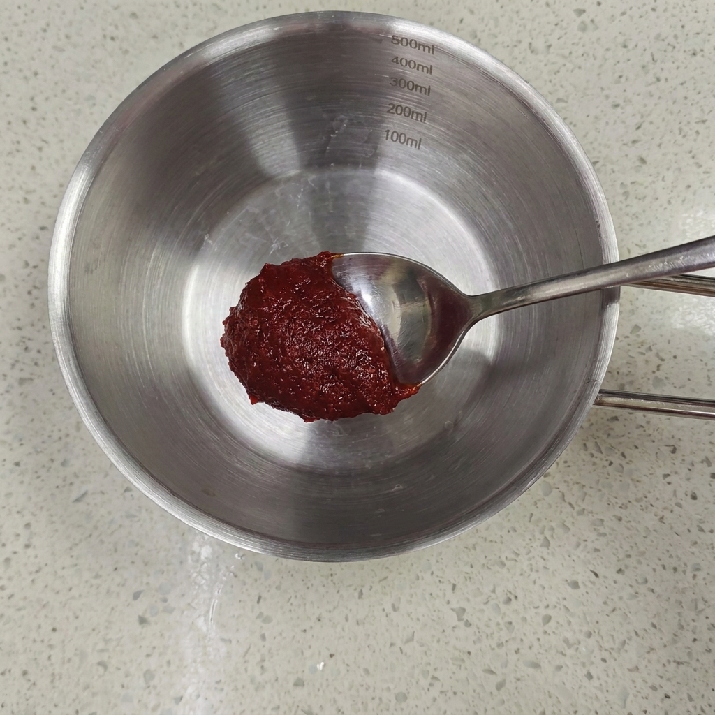 Une cuillère de pâte de piment rouge tenue au-dessus dun bol en acier inoxydable avec des repères de mesure sur le côté.