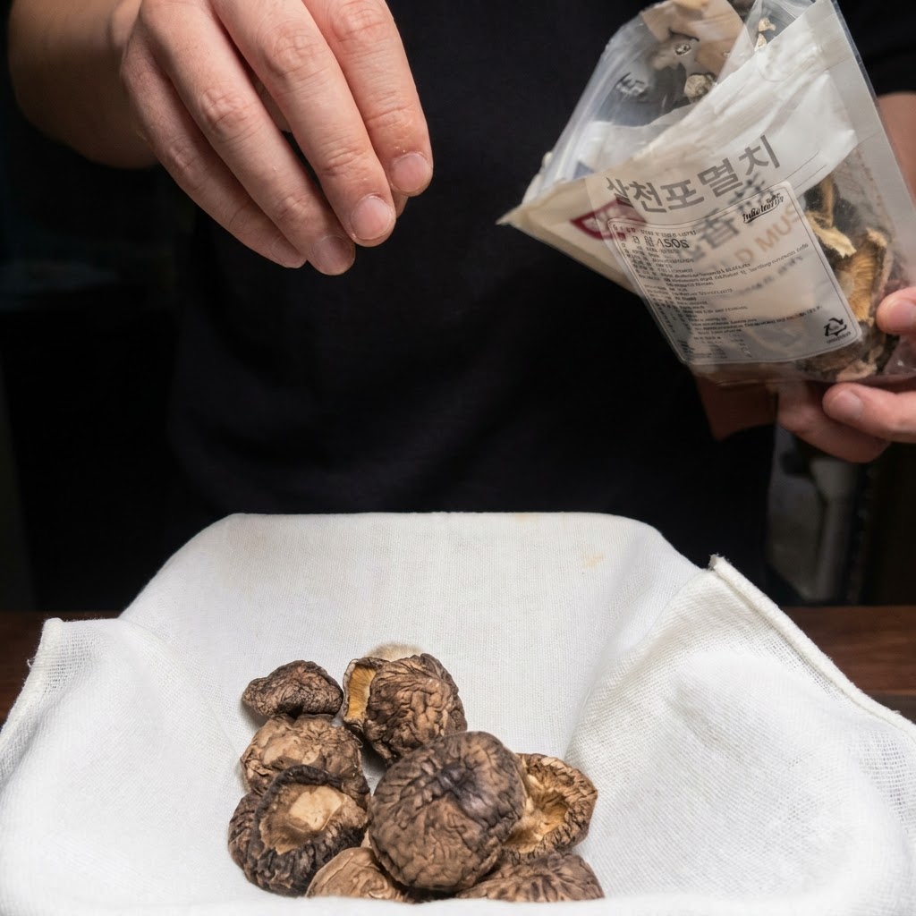 Des champignons séchés et dautres ingrédients pour le bouillon placés à lintérieur dun sachet en tissu blanc en maille.