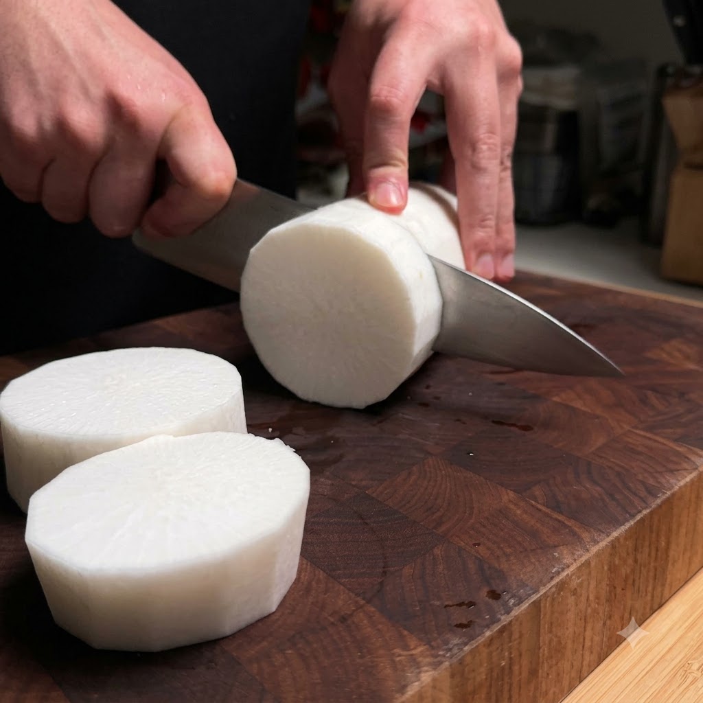 Des tranches épaisses de radis blanc frais coupées avec un couteau de cuisine sur une planche à découper en bois.