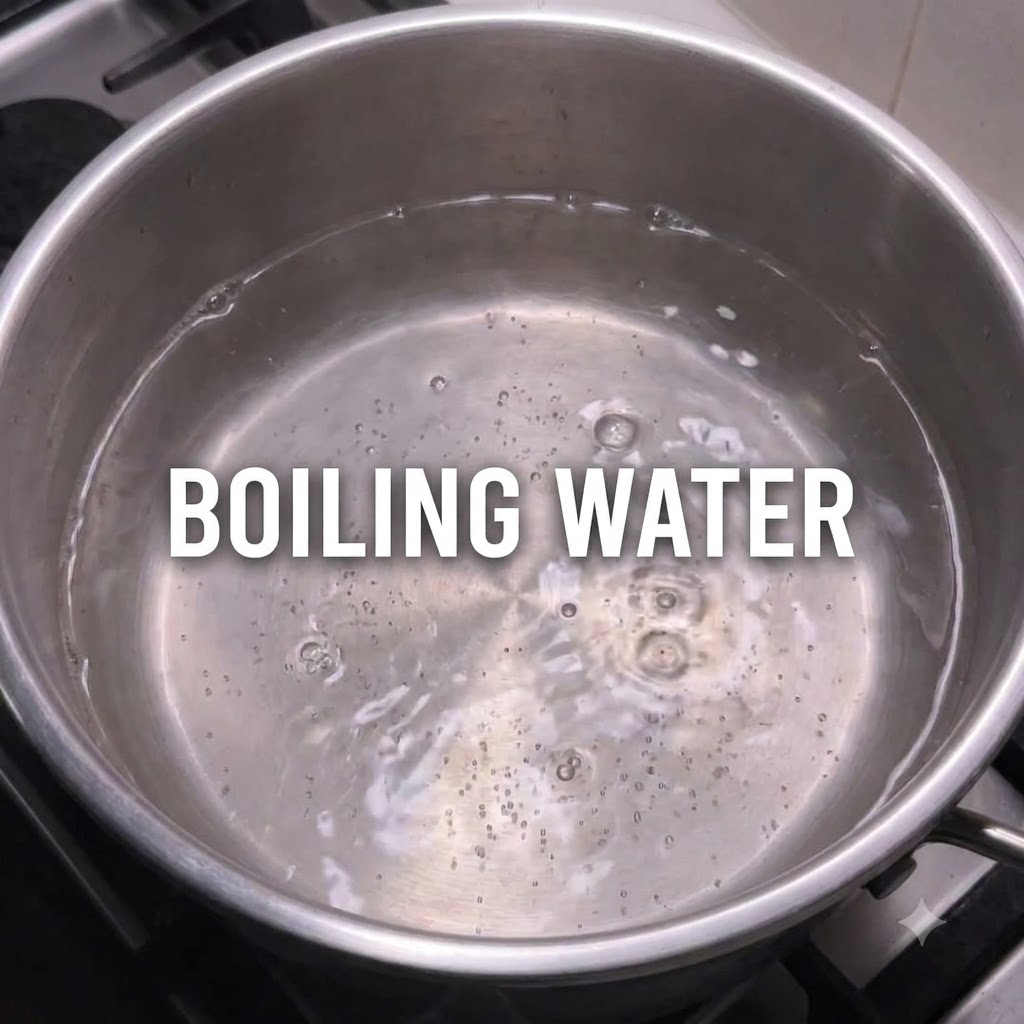 Une feuille plate entière de gâteau de poisson décongelé plongée dans une casserole de bouillon frémissant.
