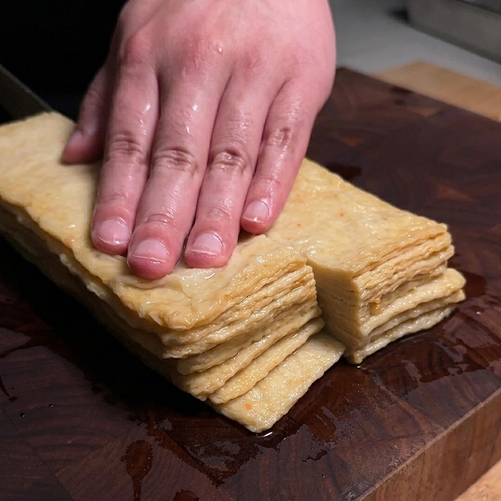 Une pile de feuilles de gâteau de poisson plates et cuites coupées en lanières avec un couteau sur une planche en bois.