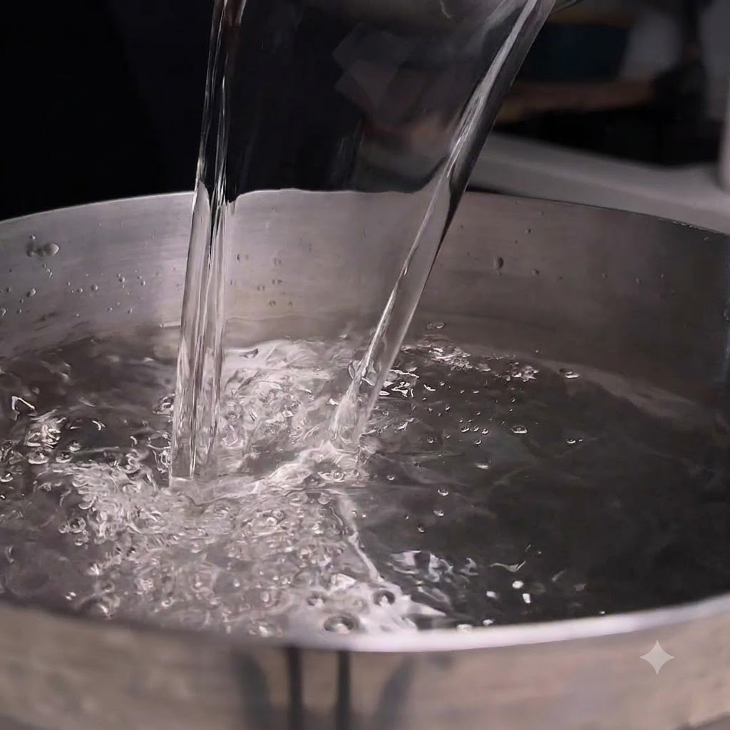De leau versée dune carafe transparente dans une casserole de cuisson en métal.
