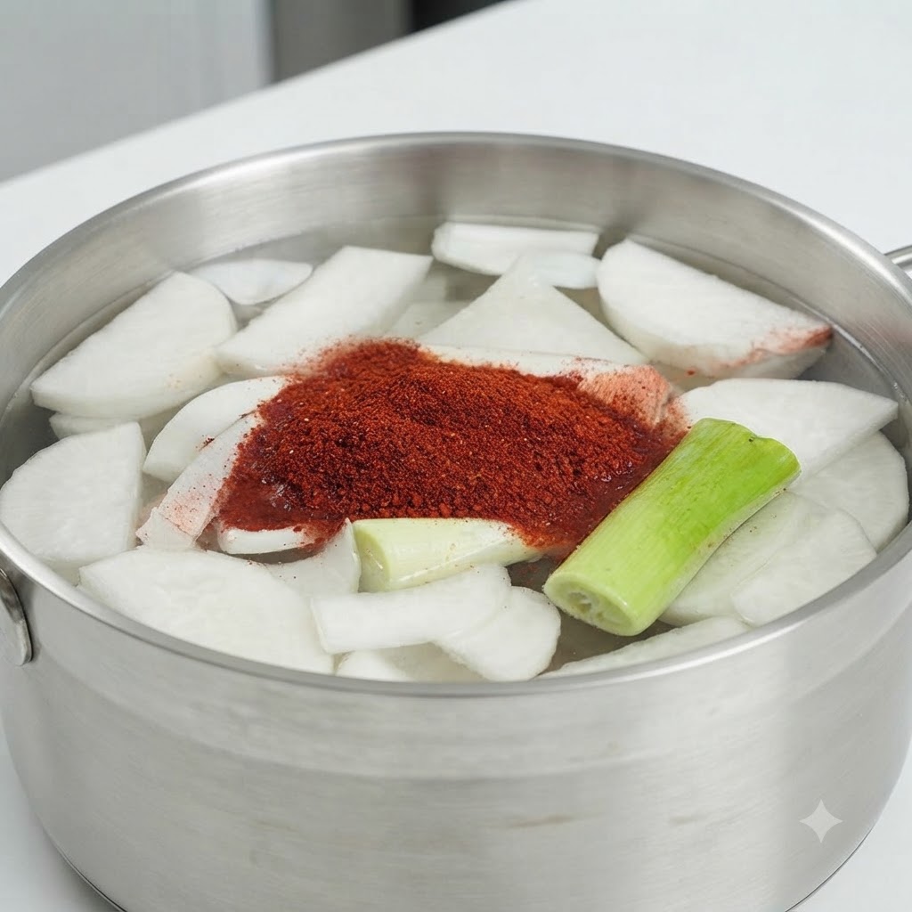 Une casserole de bouillon de légumes garnie de tranches de radis blanc, doignon vert et surmontée dun tas central de poudre de piment rouge et de pâte de sauce piquante coréenne.
