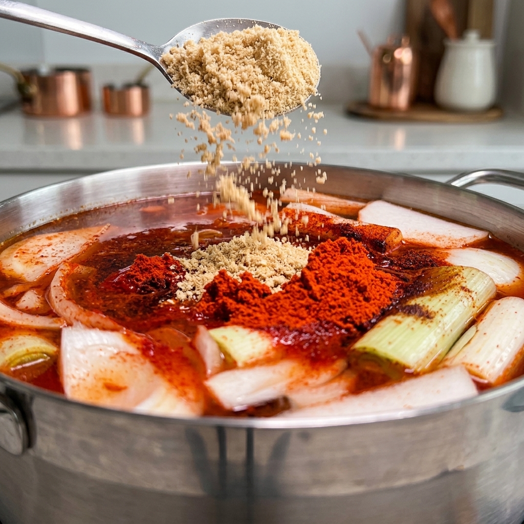 Une cuillerée de poudre de cacahuète versée dans une grande casserole remplie de sauce rouge piquante bouillante et de légumes tranchés.