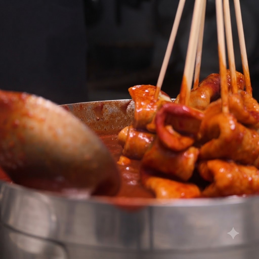 Des brochettes de gâteaux de poisson immergées à laide dune louche dans une casserole de sauce rouge piquante, épaisse et bouillante.