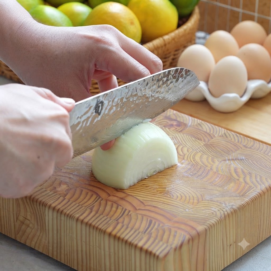 Un demi-oignon coupé en petits morceaux sur une planche à découper en bois avec un couteau de chef.