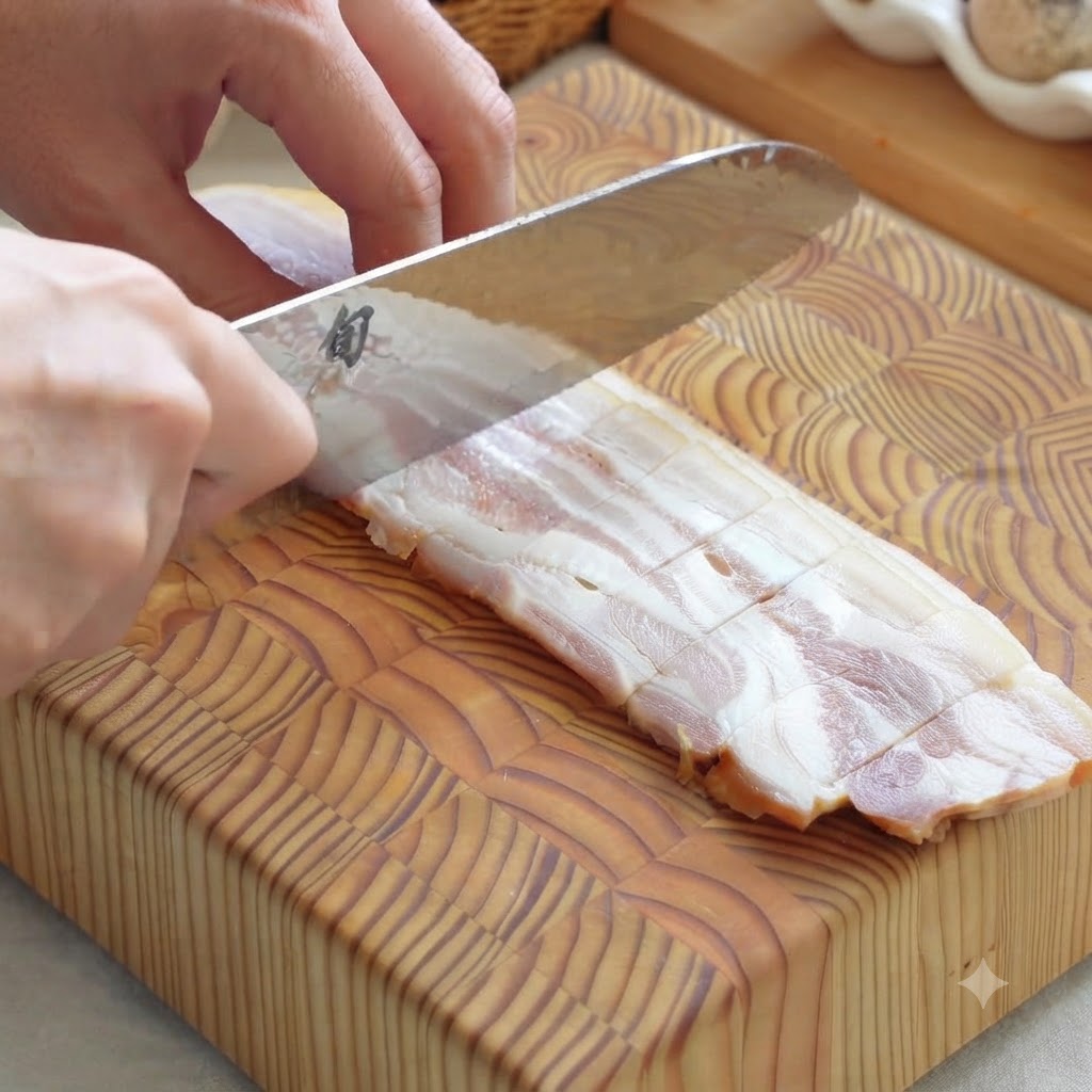 Trois tranches de bacon coupées en fines lanières sur une planche en bois.