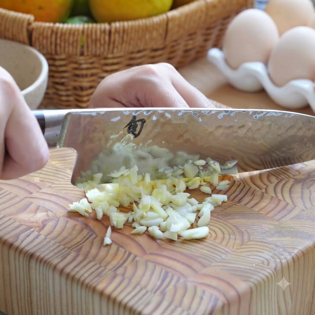 Des gousses dail finement hachées sur la planche à découper avec un couteau de chef.