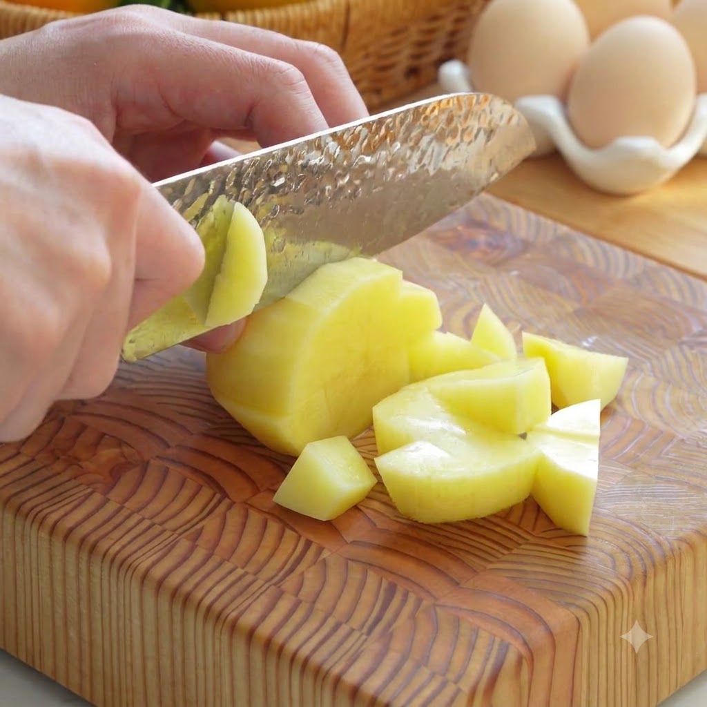 Des pommes de terre et des carottes épluchées et coupées en petits cubes uniformes sur une planche à découper.