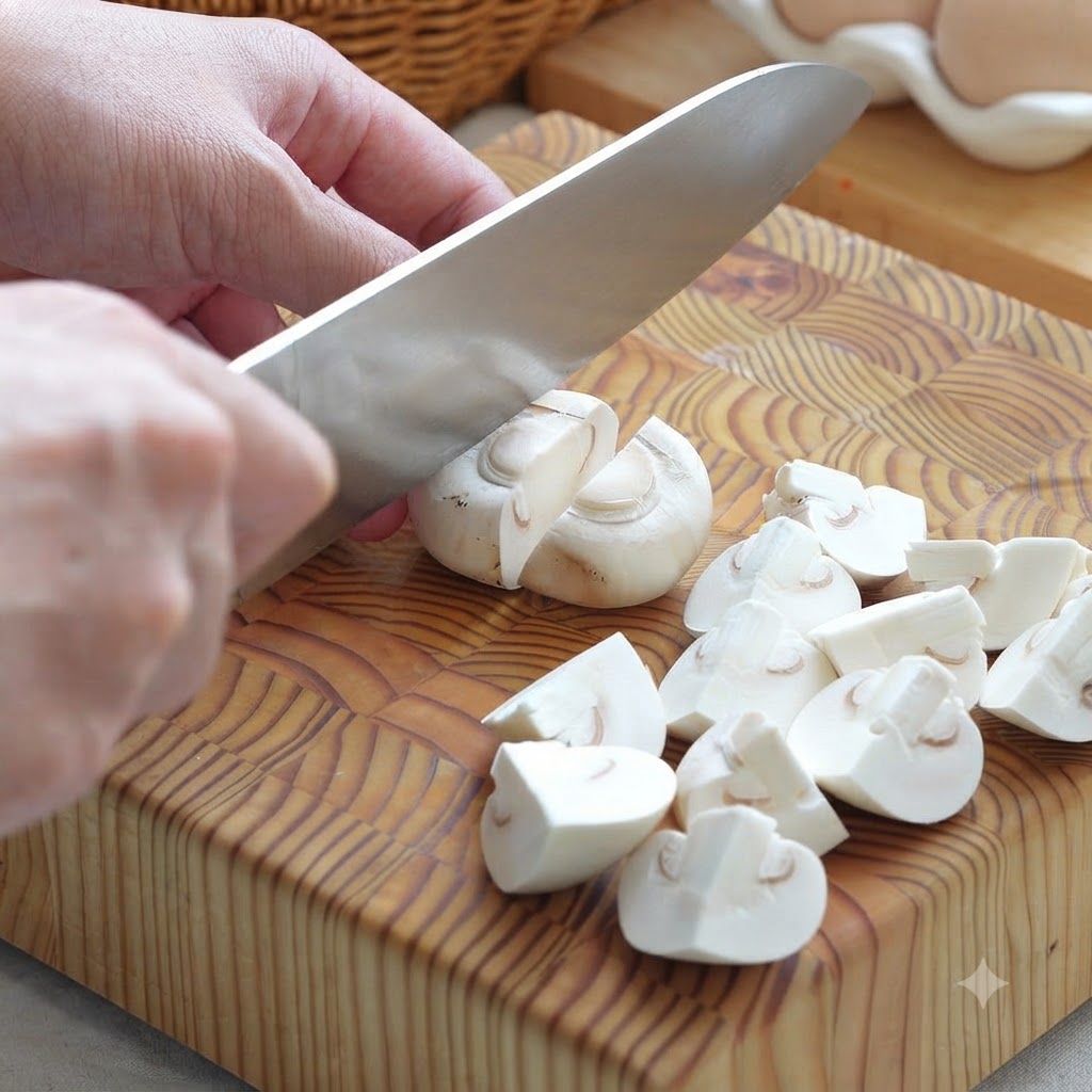 Des champignons de Paris blancs coupés en quarts sur une planche à découper en bois.