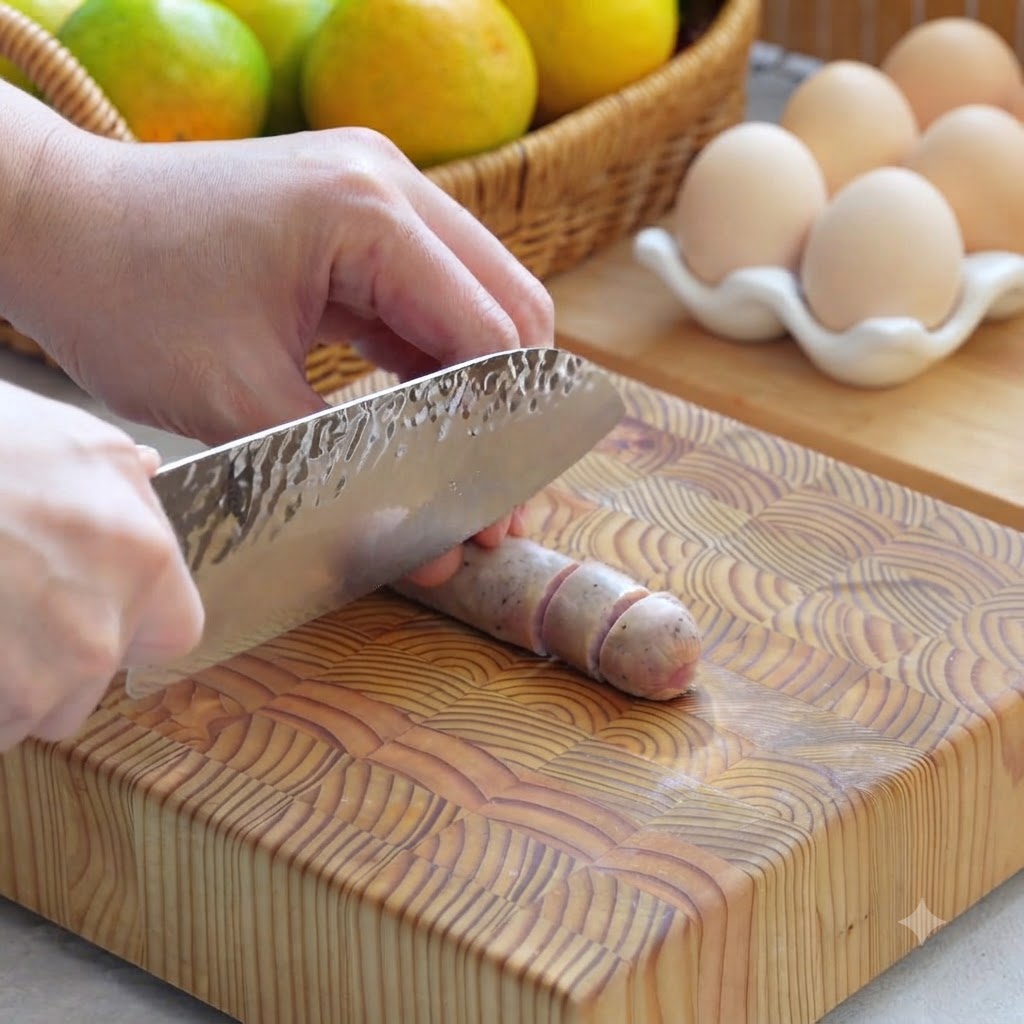 Des saucisses à la truffe noire coupées en rondelles sur une planche à découper en bois.