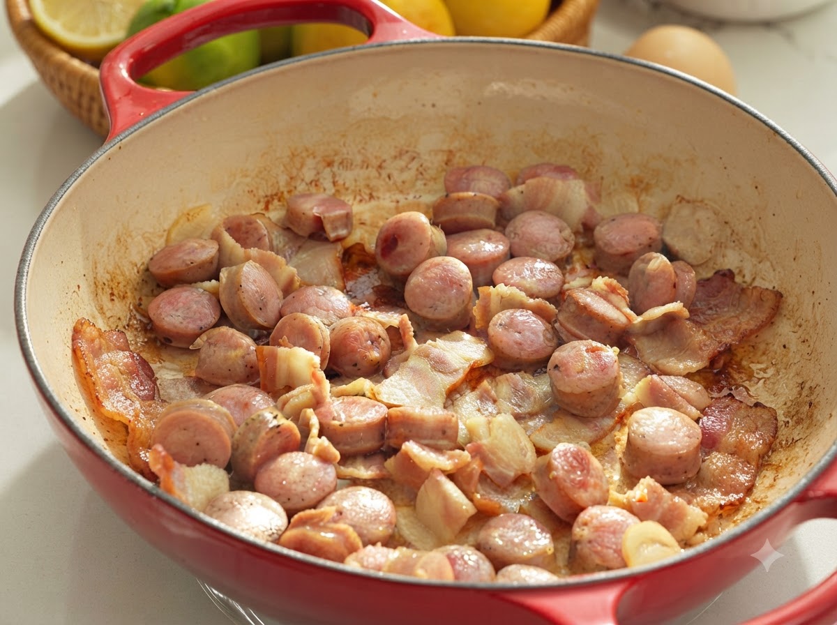 Des lanières de bacon et des rondelles de saucisses qui frétillent dans une grande poêle rouge jusquà ce quelles soient dorées et légèrement grillées.