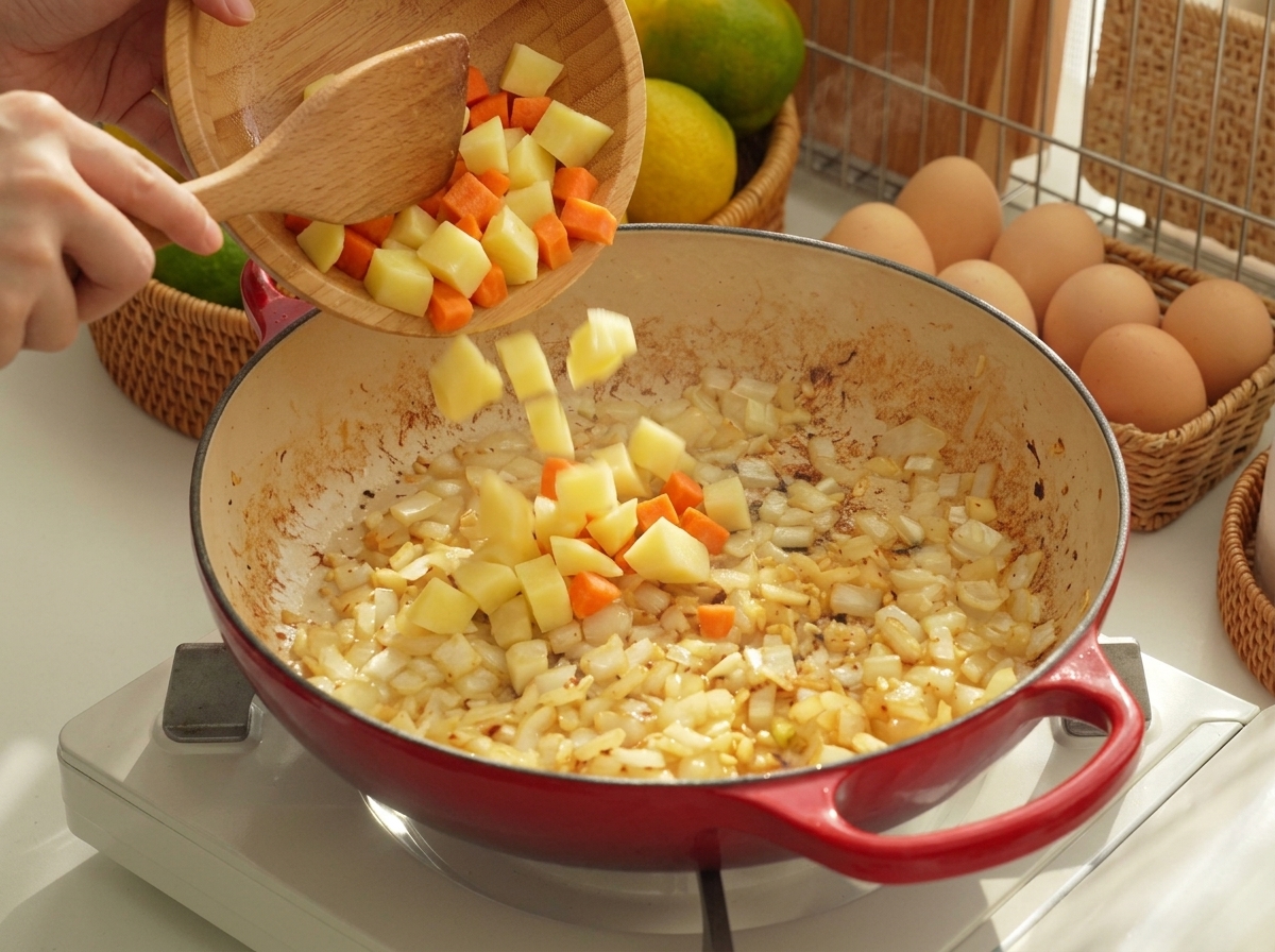 Des pommes de terre et des carottes en cubes versées dun bol en bois dans une poêle contenant les aromates sautés.
