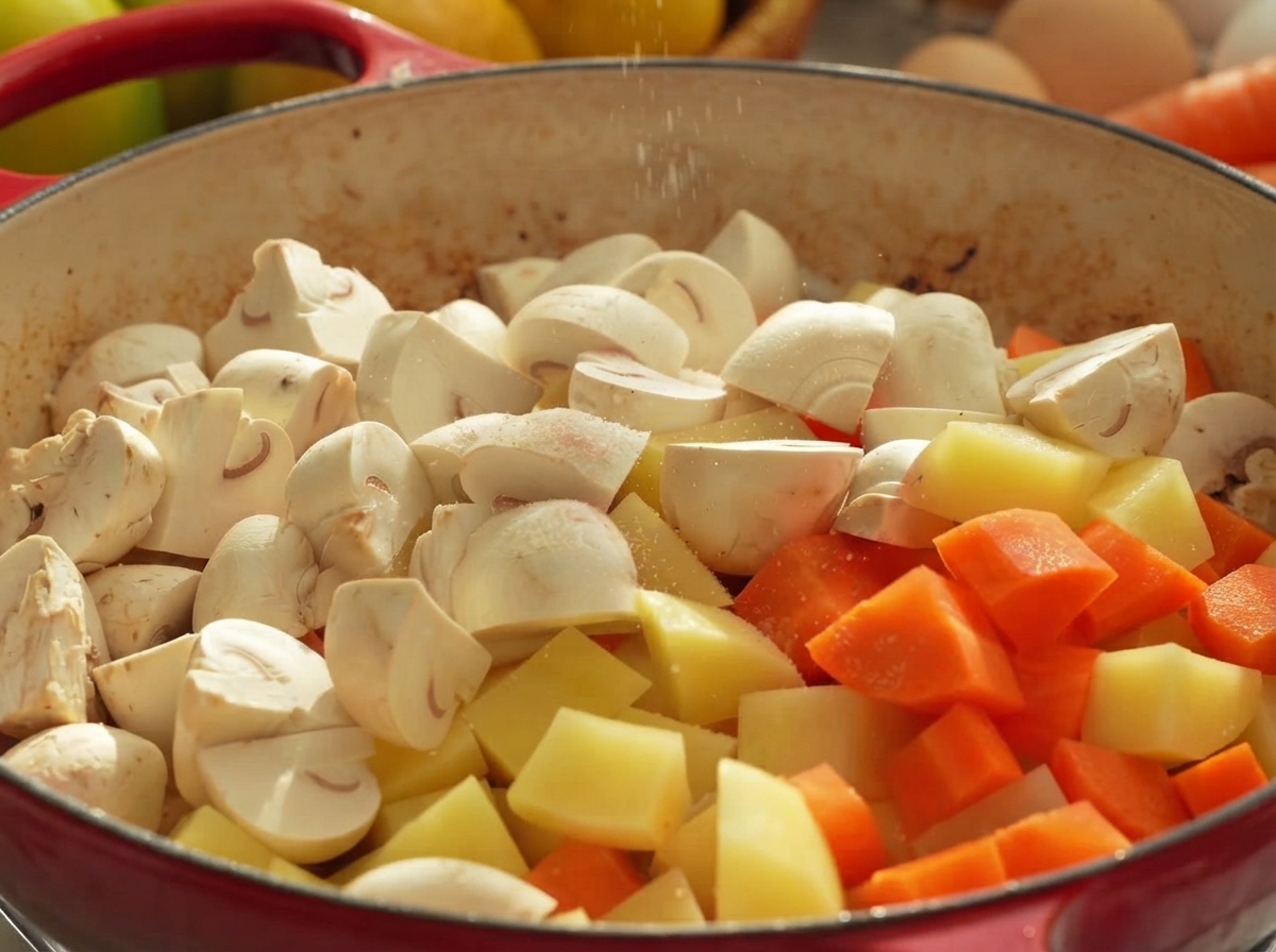 Des assaisonnements saupoudrés sur un mélange de champignons tranchés, de pommes de terre en dés et de carottes dans une poêle.