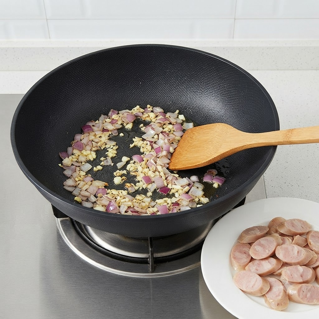 Tranches de saucisse grillée disposées sur une assiette blanche à côté dune poêle avec de lail et des oignons sautés.