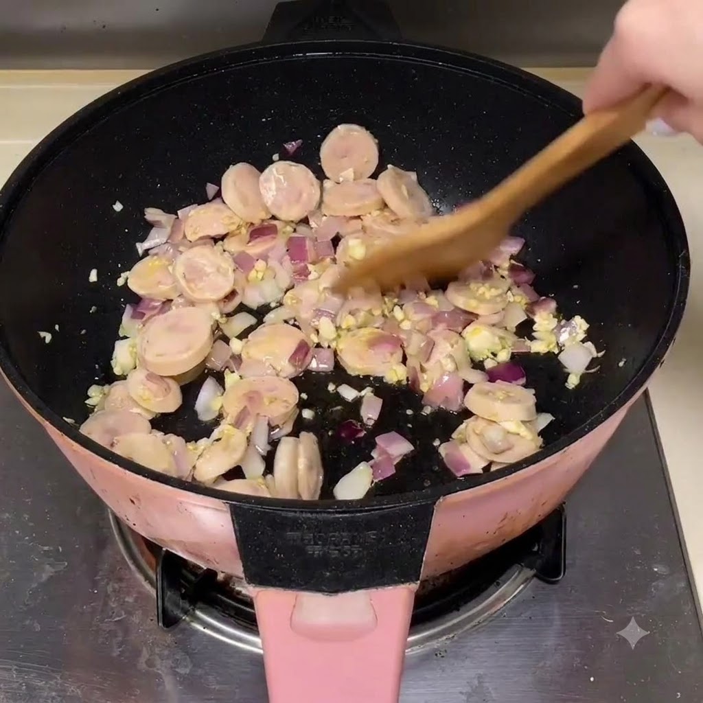 Tranches de saucisse mélangées avec des oignons et de lail dans une poêle à laide dune spatule en bois.