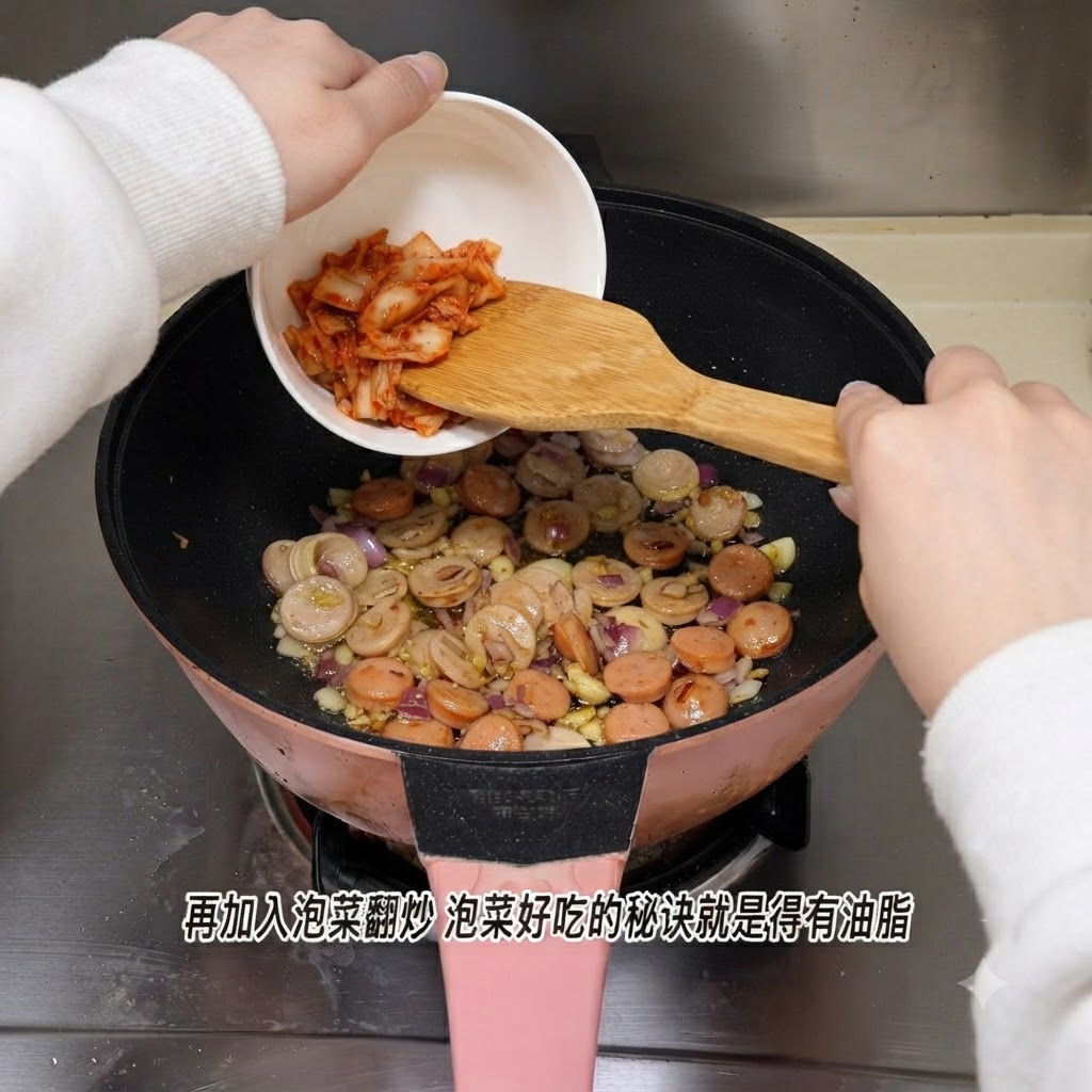 Kimchi versé dun petit bol blanc dans la poêle avec les saucisses et les oignons.