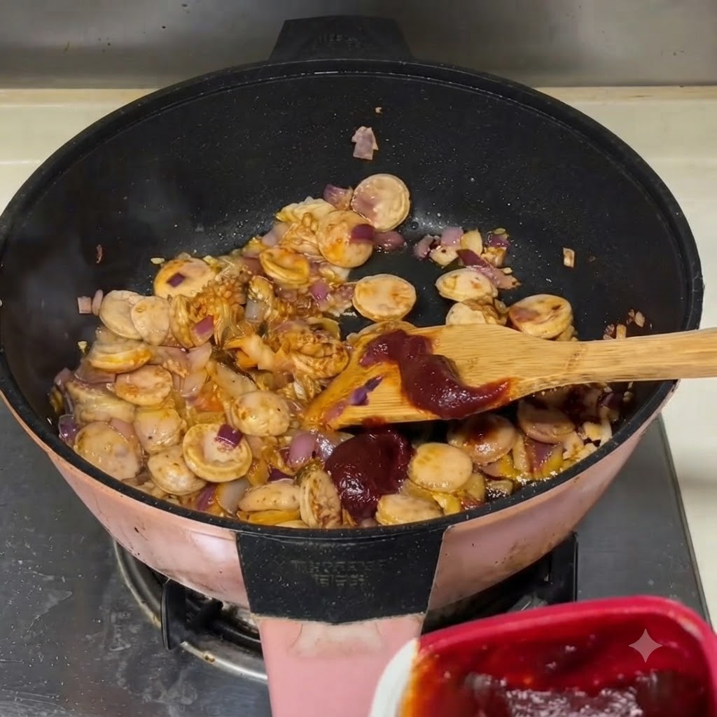 Sauces ajoutées sur les ingrédients à lintérieur de la poêle de cuisson.