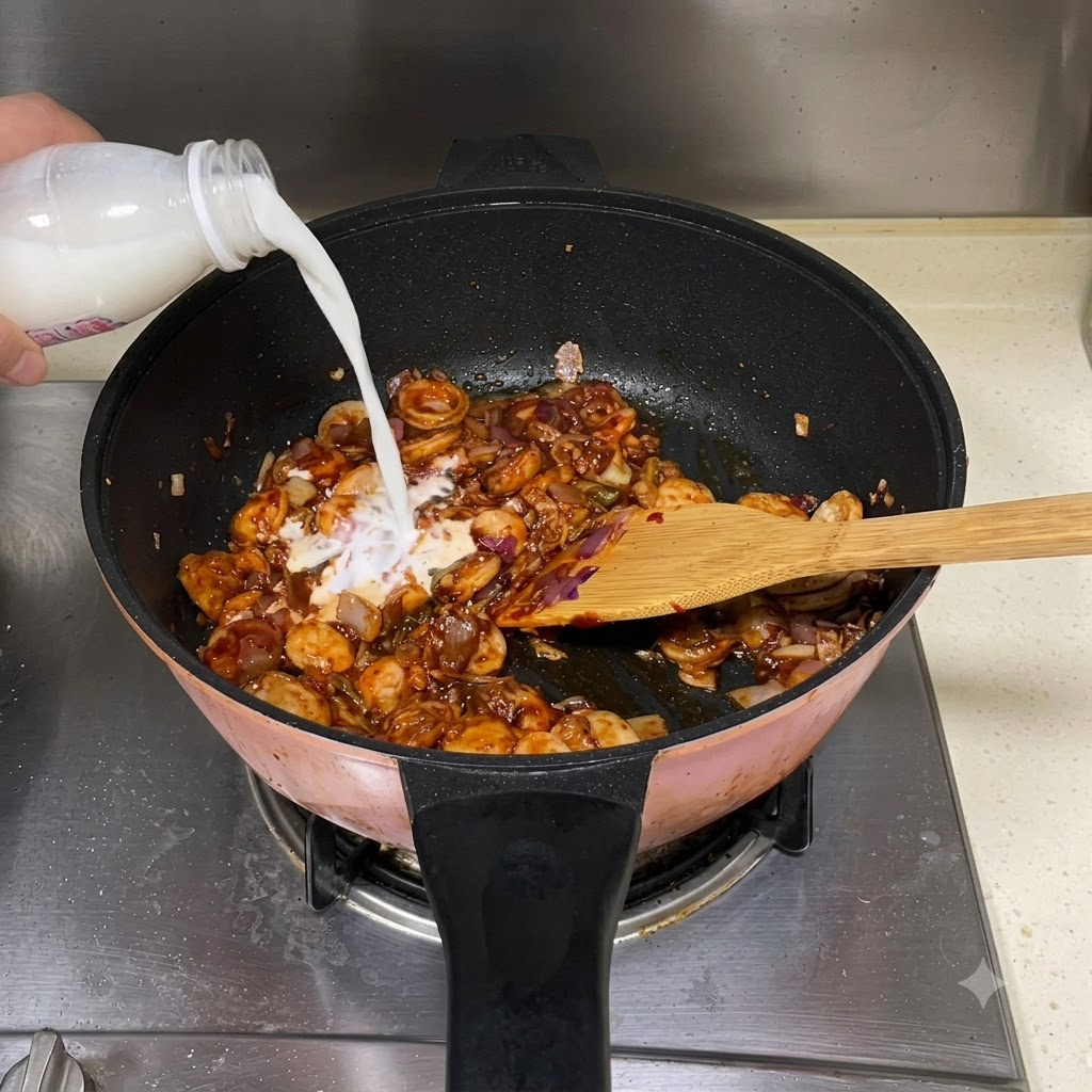 Lait versé dune bouteille en plastique dans la poêle de cuisson avec les ingrédients frémissants.