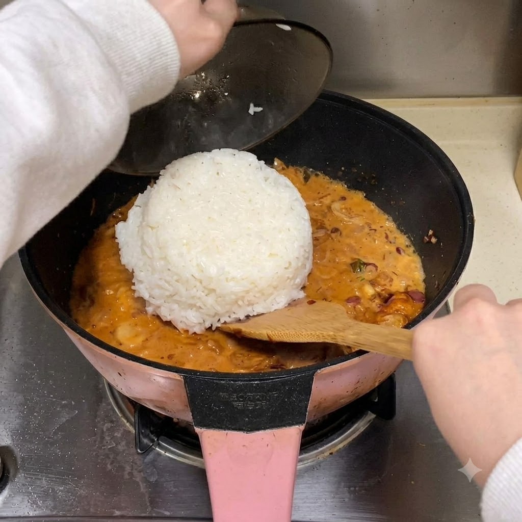 Un bol de riz blanc basculé dans une sauce rouge bouillante dans une poêle.