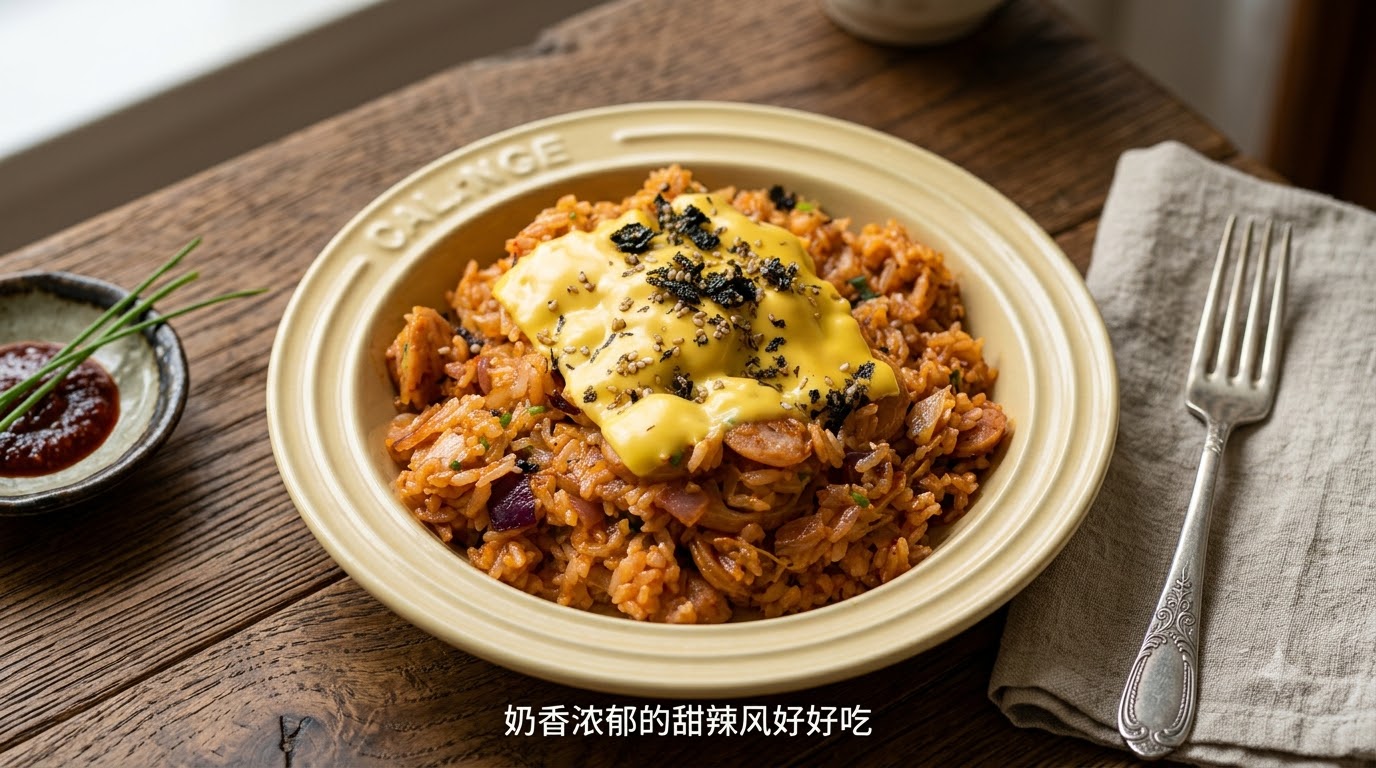 Riz Braisé au Kimchi et Saucisse avec Fromage Fondu