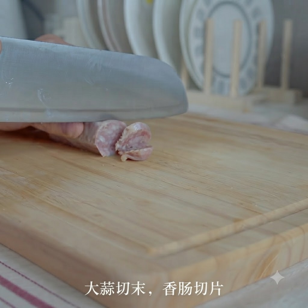 Un couteau de cuisine coupant une saucisse en rondelles sur une planche à découper en bois.