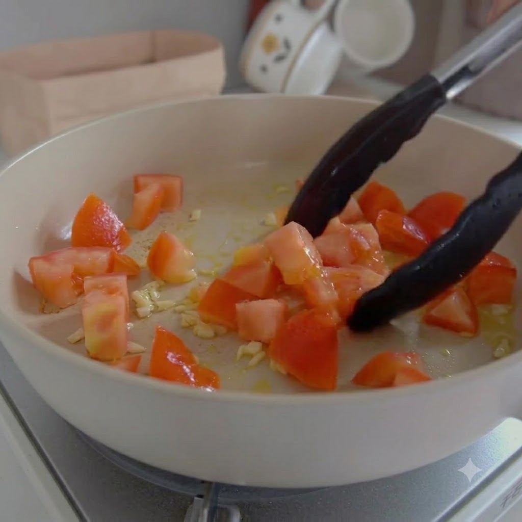 Des morceaux de tomates, du kimchi et des rondelles de saucisse sautant dans une poêle blanche à laide de pinces de cuisine.
