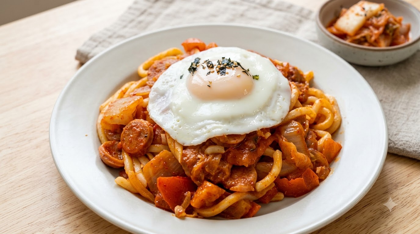 Une assiette de nouilles udon sautées au kimchi et à la saucisse, surmontée dun œuf au plat et de flocons dalgues