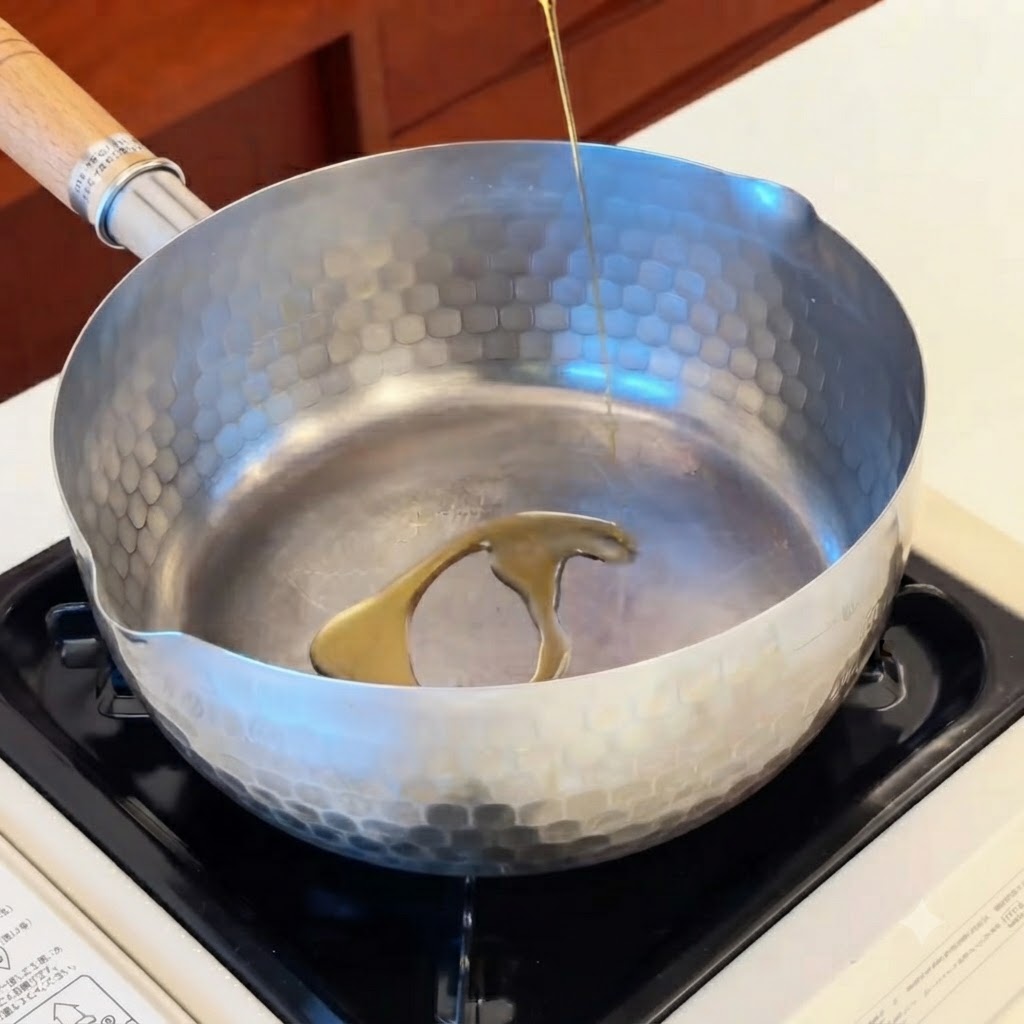 De lhuile de sésame dorée versée au centre dune casserole en métal sur une gazinière.