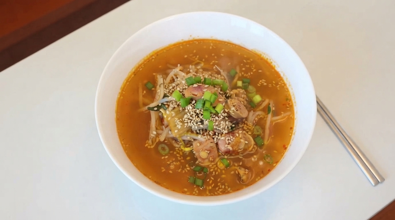 Soupe Express en 10 Minutes à la Saucisse, au Kimchi et aux Germes de Soja