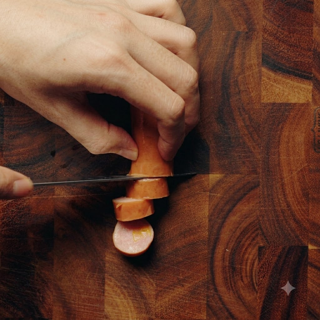 Une main tranchant une saucisse au fromage en petites sections sur une planche à découper en bois avec un couteau.