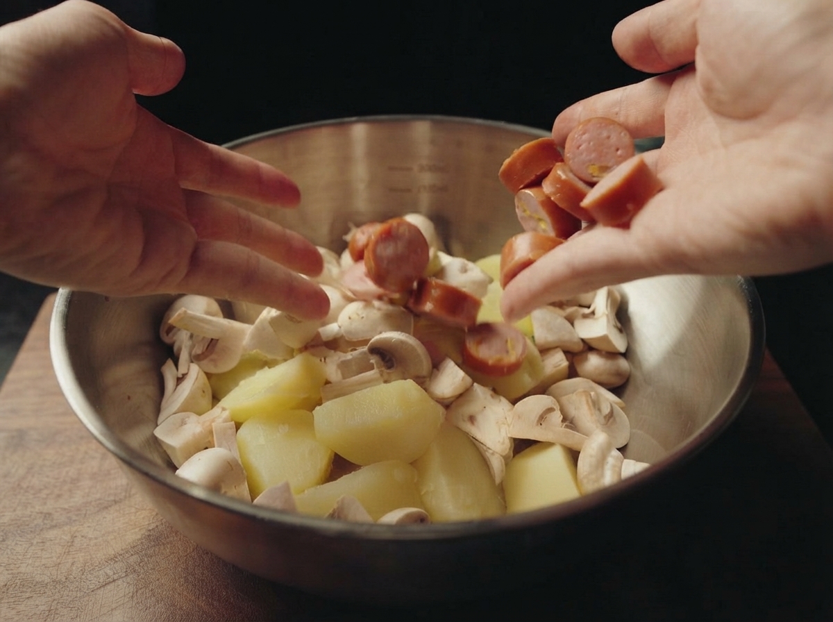 Des mains ajoutant des saucisses tranchées et des champignons de Paris dans un bol à mélange contenant des morceaux de pommes de terre bouillies.