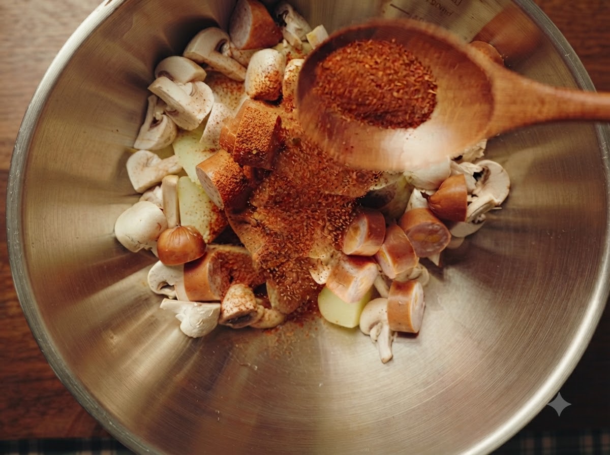 Une cuillère en bois saupoudrant du cumin en poudre, du piment en poudre et du sel sur les ingrédients dans un bol à mélange.