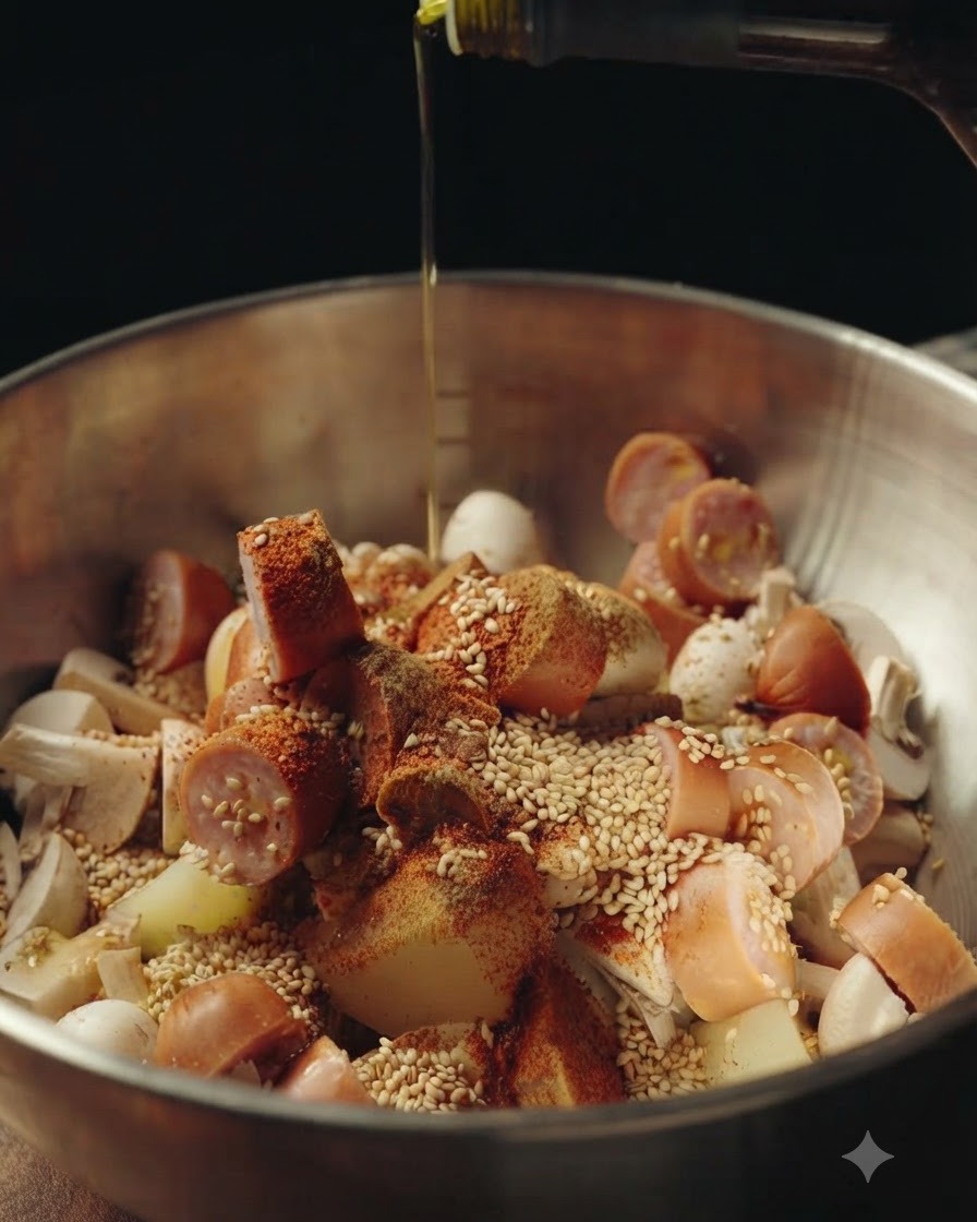 De lhuile dolive versée à partir dune bouteille sur le mélange assaisonné de pommes de terre, de champignons et de saucisses.