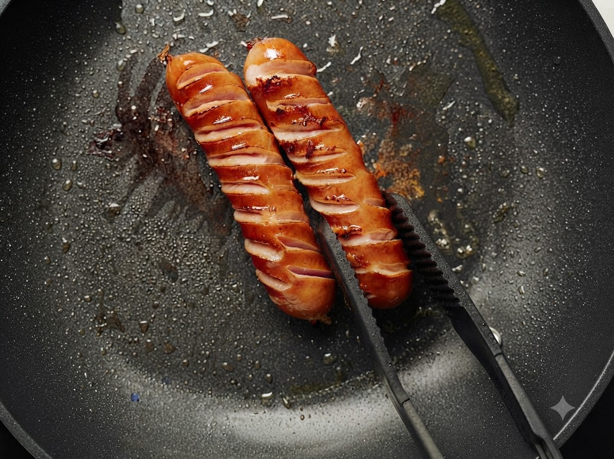 Deux saucisses au fromage incisées en train de cuire et de dorer dans une poêle noire tenue avec des pinces.
