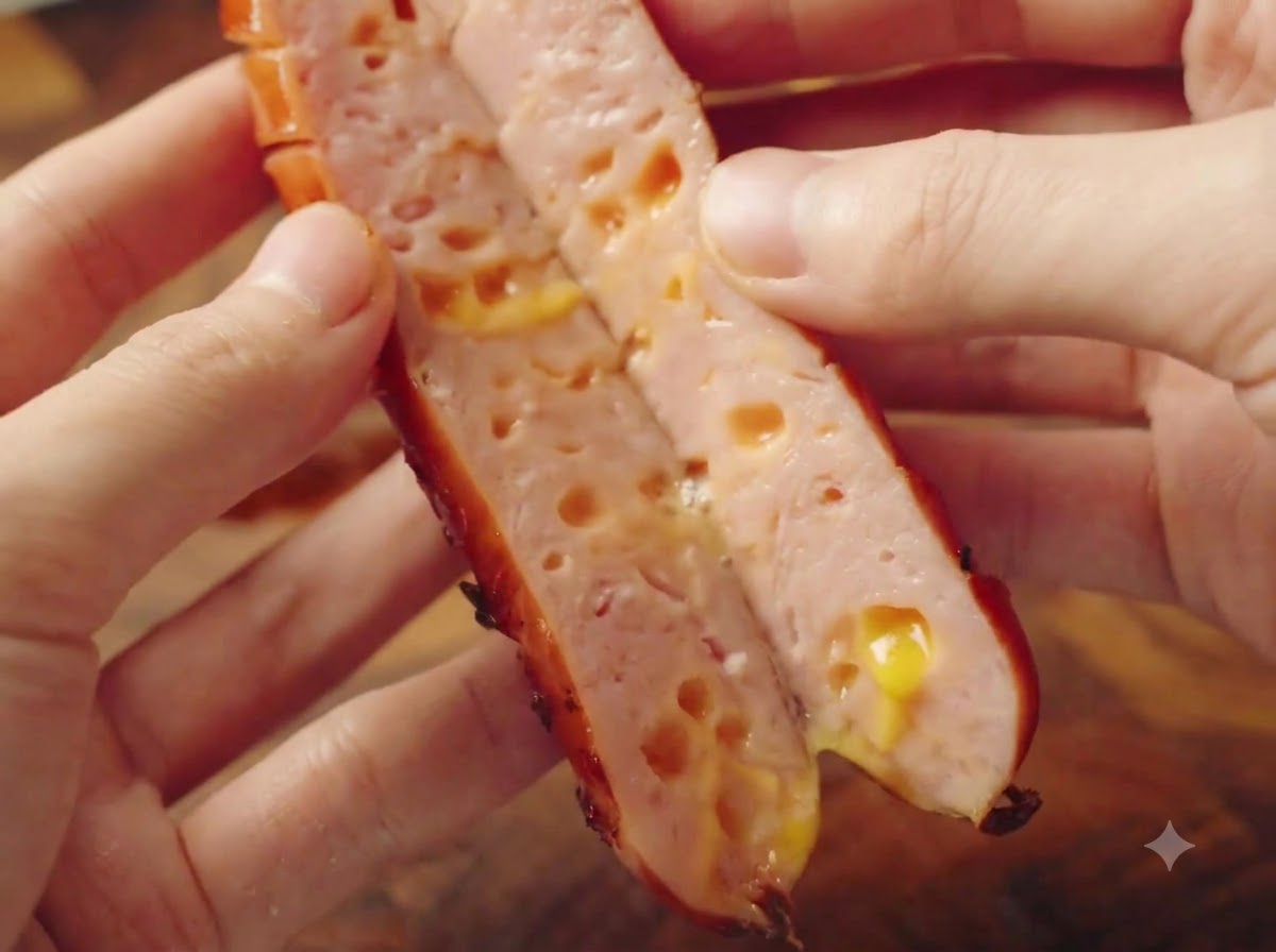 Une saucisse au fromage fraîchement cuite coupée en deux, montrant du fromage jaune fondu à lintérieur.