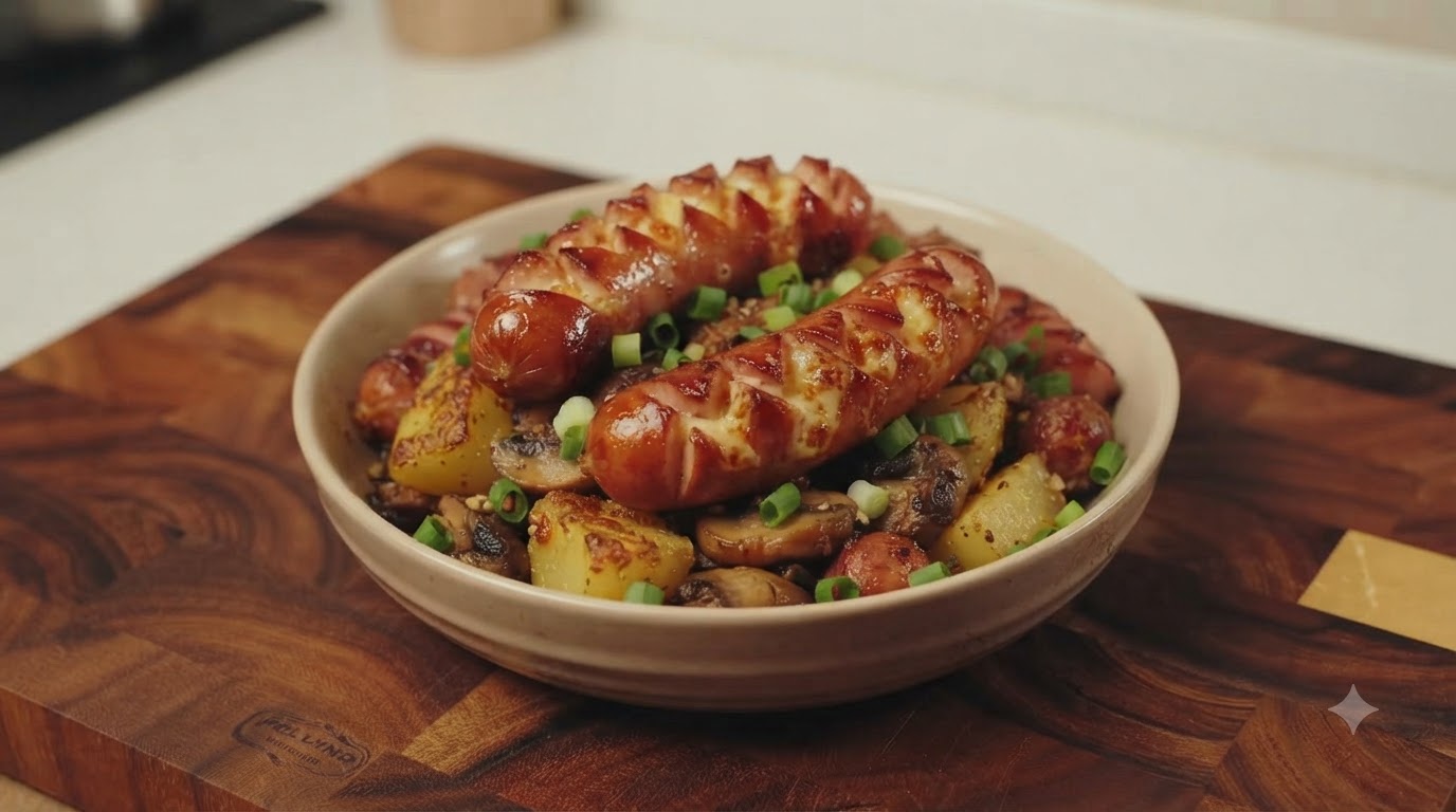 Bol de pommes de terre rôties et saucisses au fromage poêlées