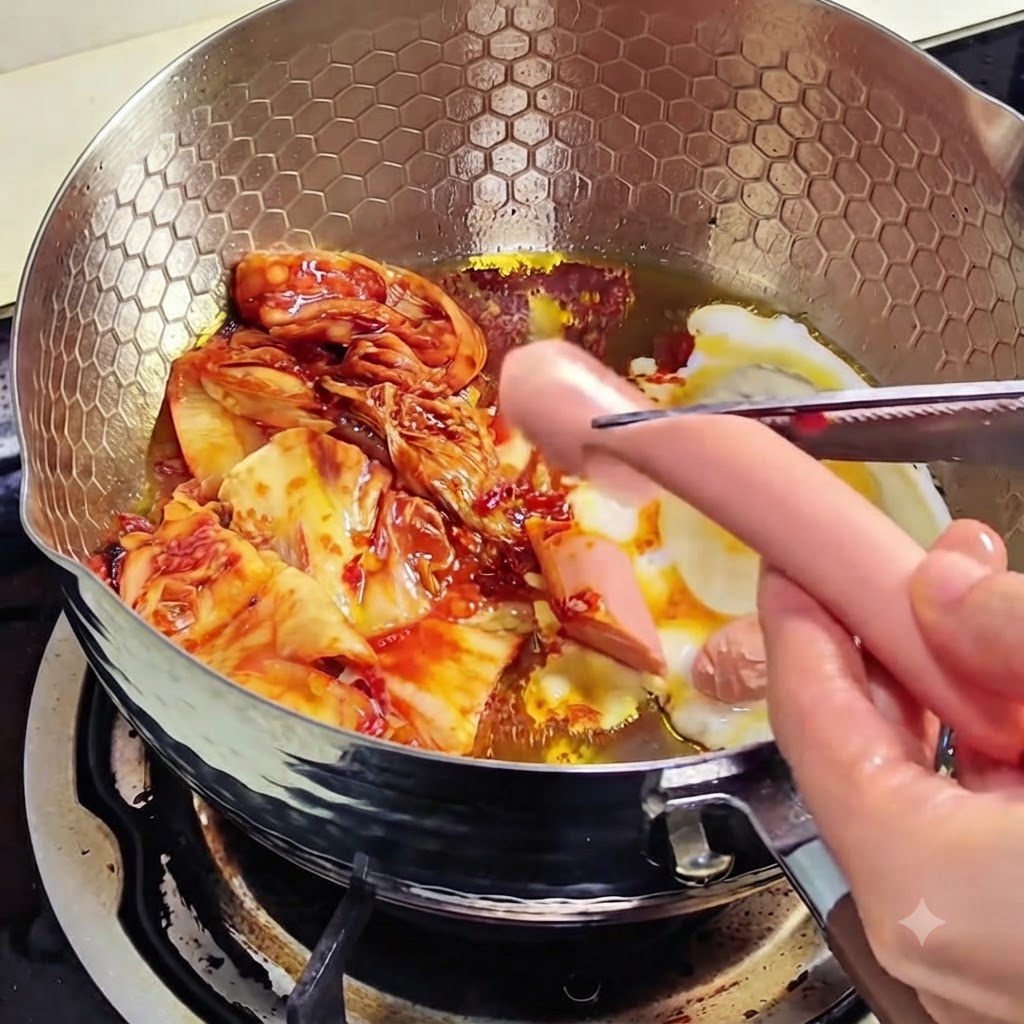 Kimchi sauté dans une poêle avec un œuf et des tranches de saucisse.